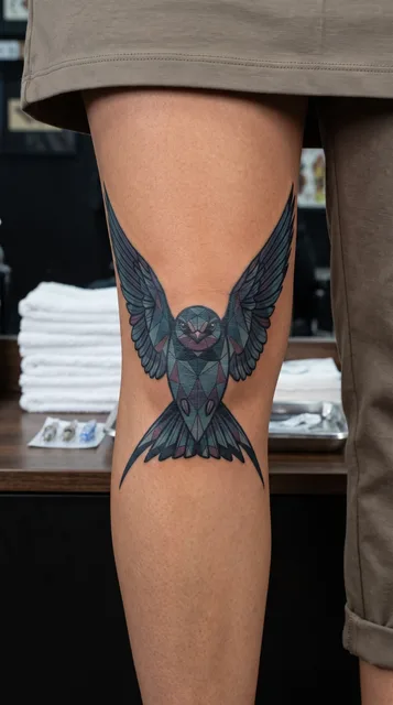 Color geometric bird tattoo on a woman's knee