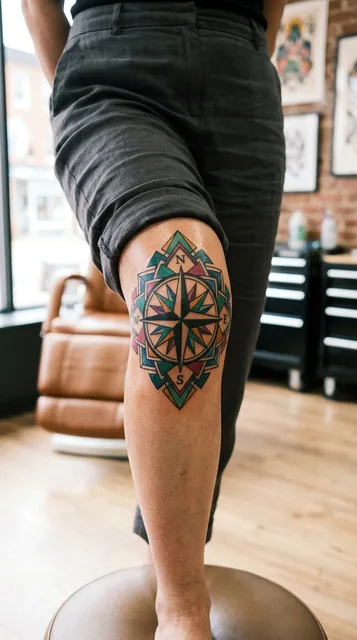 Color geometric compass tattoo on a man's knee