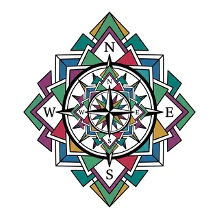 Color geometric compass tattoo design, outline stencil for a knee tattoo