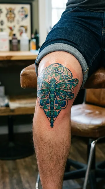 Color geometric dragonfly tattoo on a man's knee