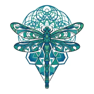 Color geometric dragonfly tattoo design, outline stencil for a knee tattoo