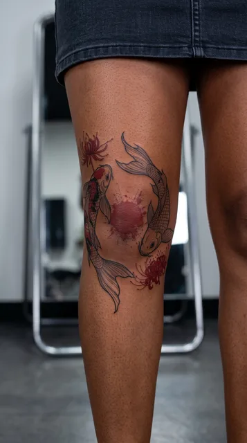 Color Japanese koi fish tattoo on a woman's knee