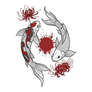 Color Japanese koi fish tattoo design, drawn flat for a knee tattoo