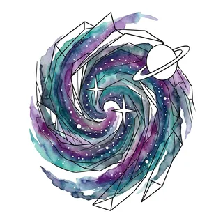 Color watercolor galaxy tattoo design, drawn flat for a knee tattoo