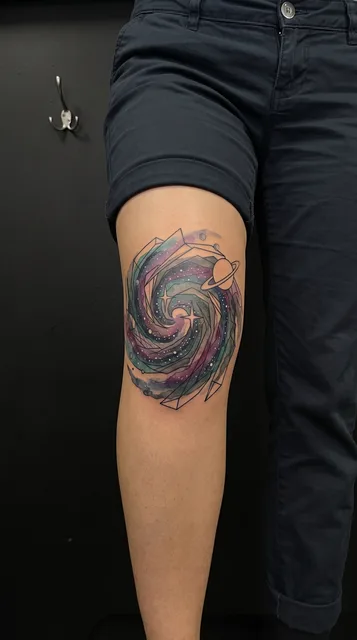 Color watercolor galaxy tattoo on a woman's knee
