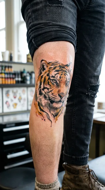 Tiger tattoo on the knee
