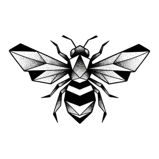 Black and white blackwork bee tattoo design, drawn flat for a lower back tattoo