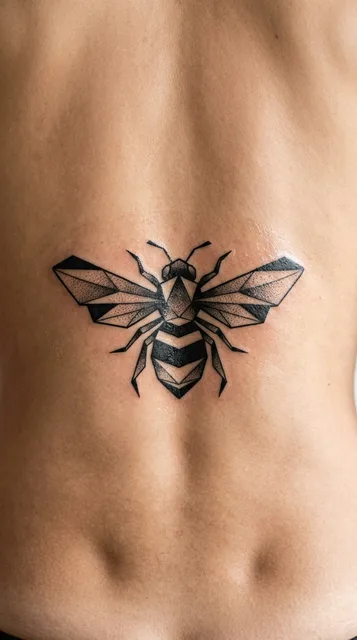 Black and white blackwork bee tattoo on a man's lower back