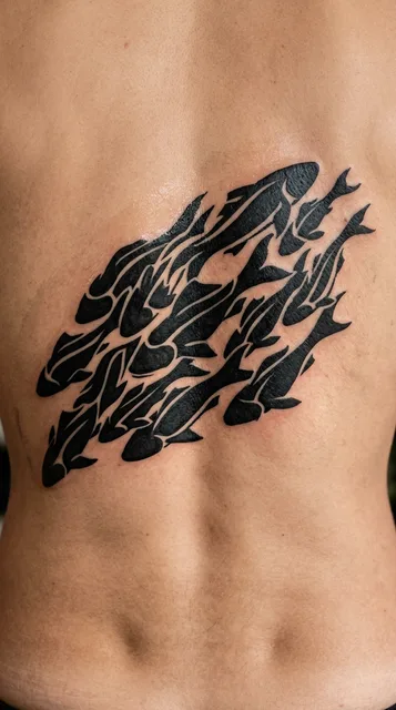 Black and white blackwork fish tattoo on a man's lower back