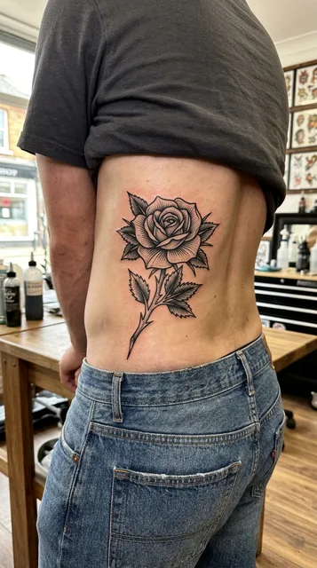 Black and white blackwork rose tattoo on a man's lower back