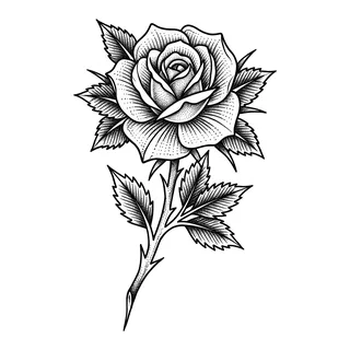 Black and white blackwork rose tattoo design, drawn flat for a lower back tattoo