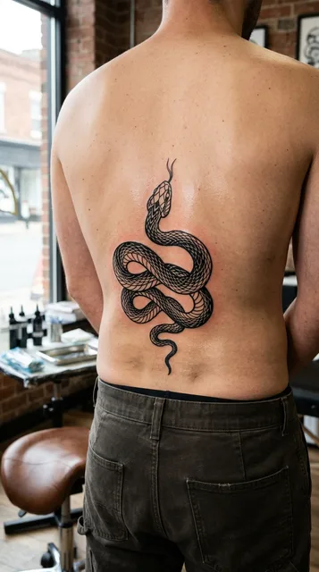 Black and white blackwork snake tattoo on a man's lower back