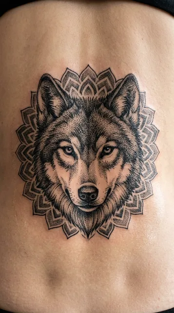 Black and grey dotwork wolf tattoo on a woman's lower back
