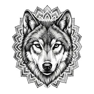 Black and grey dotwork wolf tattoo design, drawn flat for a lower back tattoo
