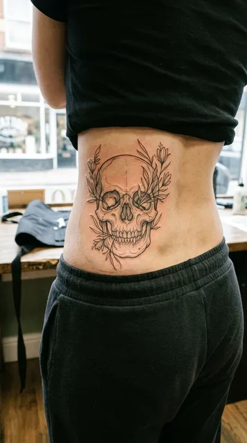 Black and white fine line skull tattoo on a woman's lower back