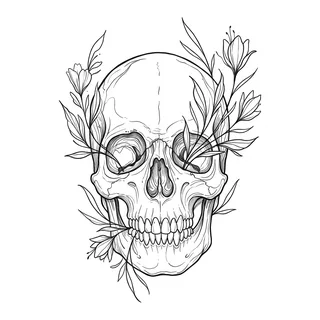 Black and white fine line skull tattoo design, outline stencil for a lower back tattoo