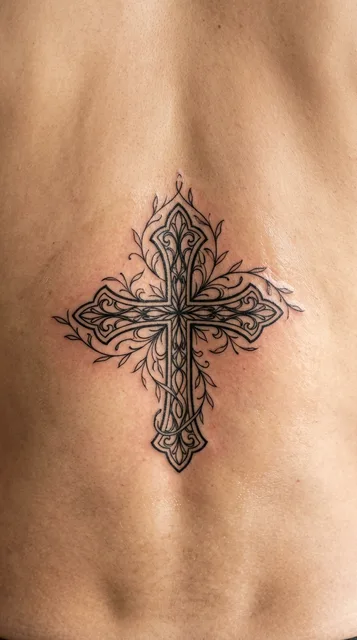 Black and grey illustrative cross tattoo on a man's lower back