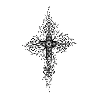 Black and grey illustrative cross tattoo design, drawn flat for a lower back tattoo