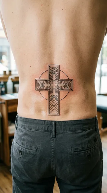Black and white linework cross tattoo on a man's lower back