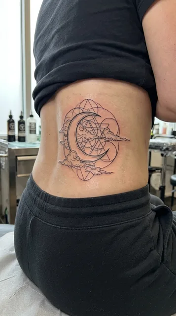 Black and white linework moon tattoo on a woman's lower back