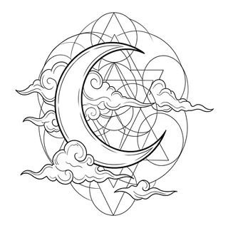 Black and white linework moon tattoo design, outline stencil for a lower back tattoo