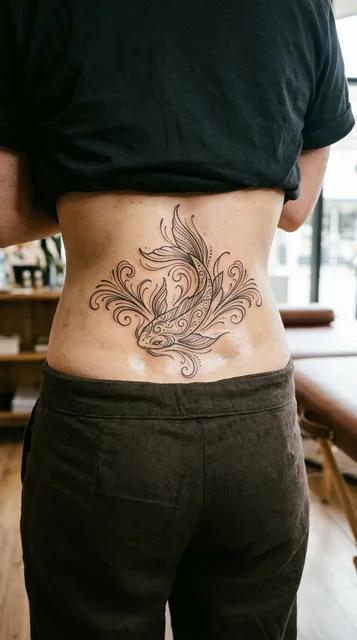 Black and grey ornamental fish tattoo on a woman's lower back