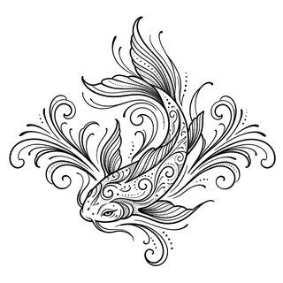 Black and grey ornamental fish tattoo design, drawn flat for a lower back tattoo