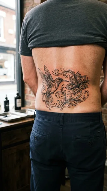 Black and grey ornamental hummingbird tattoo on a man's lower back