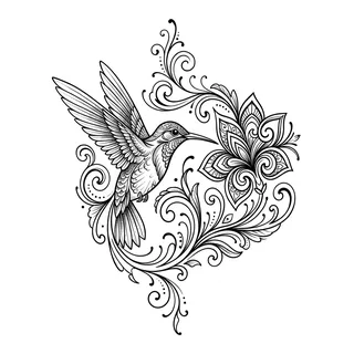 Black and grey ornamental hummingbird tattoo design, drawn flat for a lower back tattoo