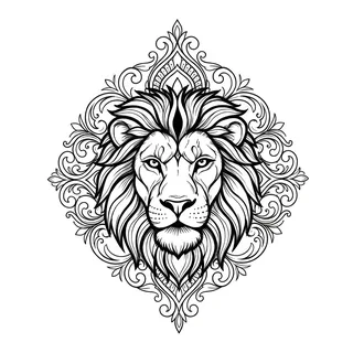 Black and grey ornamental lion tattoo design, drawn flat for a lower back tattoo