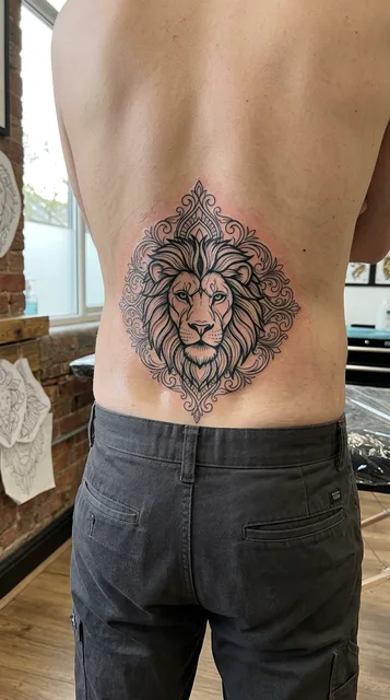 Lion tattoo on the lower back