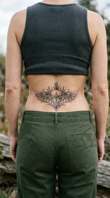 Black and grey ornamental tattoo on a woman's lower back