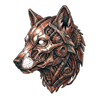 Color biomechanical wolf tattoo design, drawn flat for a lower back tattoo