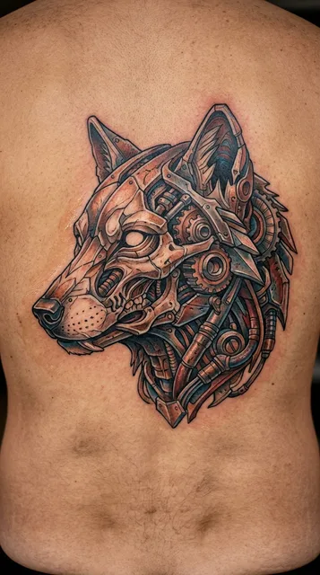 Color biomechanical wolf tattoo on a man's lower back