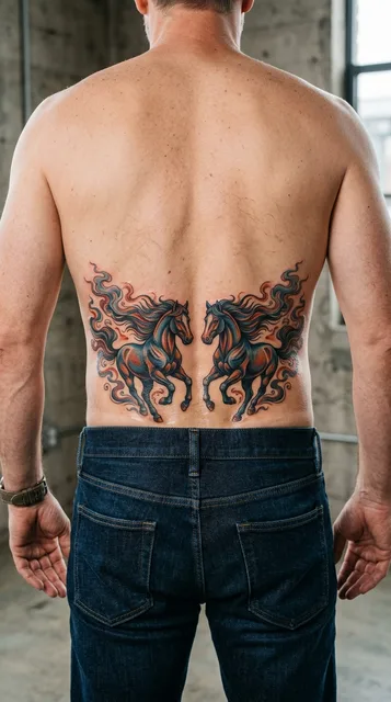Color illustrative tattoo on a man's lower back