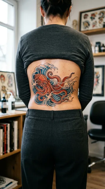 Color Japanese octopus tattoo on a woman's lower back