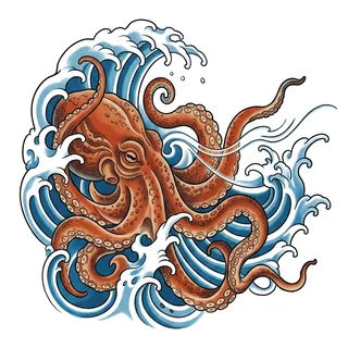 Color Japanese octopus tattoo design, drawn flat for a lower back tattoo