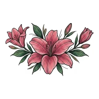 Color neo traditional flowers tattoo design, drawn flat for a lower back tattoo