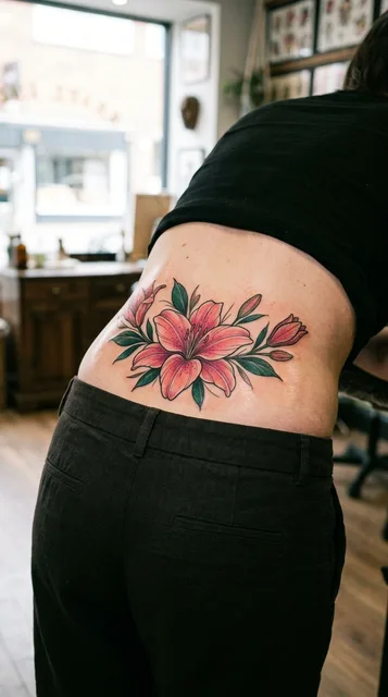 flowers tattoo on the lower back