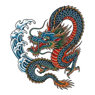 Color traditional dragon tattoo design, drawn flat for a lower back tattoo