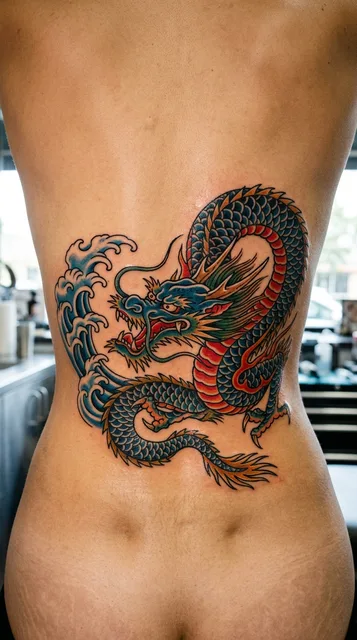 Dragon tattoo on the lower back