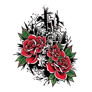 Color traditional roses tattoo design, drawn flat for a lower back tattoo