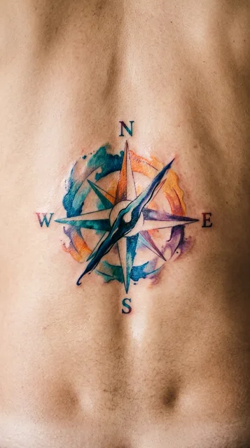 Color watercolor compass tattoo on a man's lower back