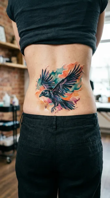 Color watercolor raven tattoo on a woman's lower back