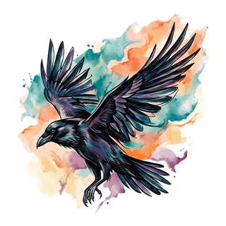 Color watercolor raven tattoo design, drawn flat for a lower back tattoo