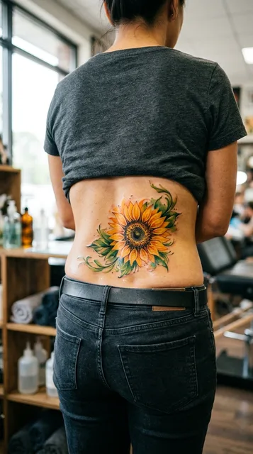 Color watercolor sunflower tattoo on a woman's lower back