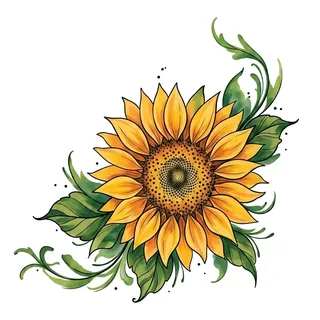 Color watercolor sunflower tattoo design, drawn flat for a lower back tattoo