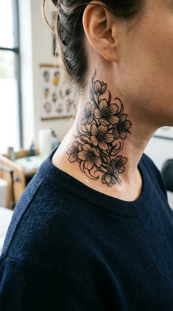 Black and white blackwork cherry blossom tattoo on a woman's neck