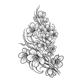 Black and white blackwork cherry blossom tattoo design, drawn flat for a neck tattoo