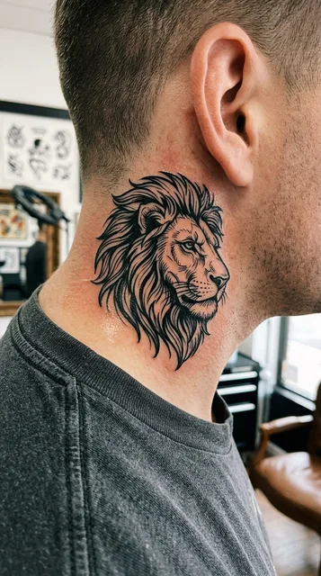 Lion tattoo on the neck